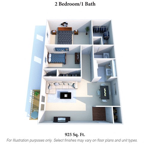 Floor plan for 2 beds, 1 bath, 925 sqft